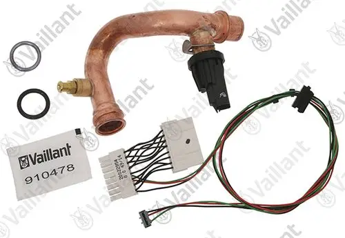 Vaillant Servicekit bestehend aus einem gebogenen Rohr, Dichtungen, einem Anschlussstecker und Kabelbaum, geeignet für Heizungsanwendungen.